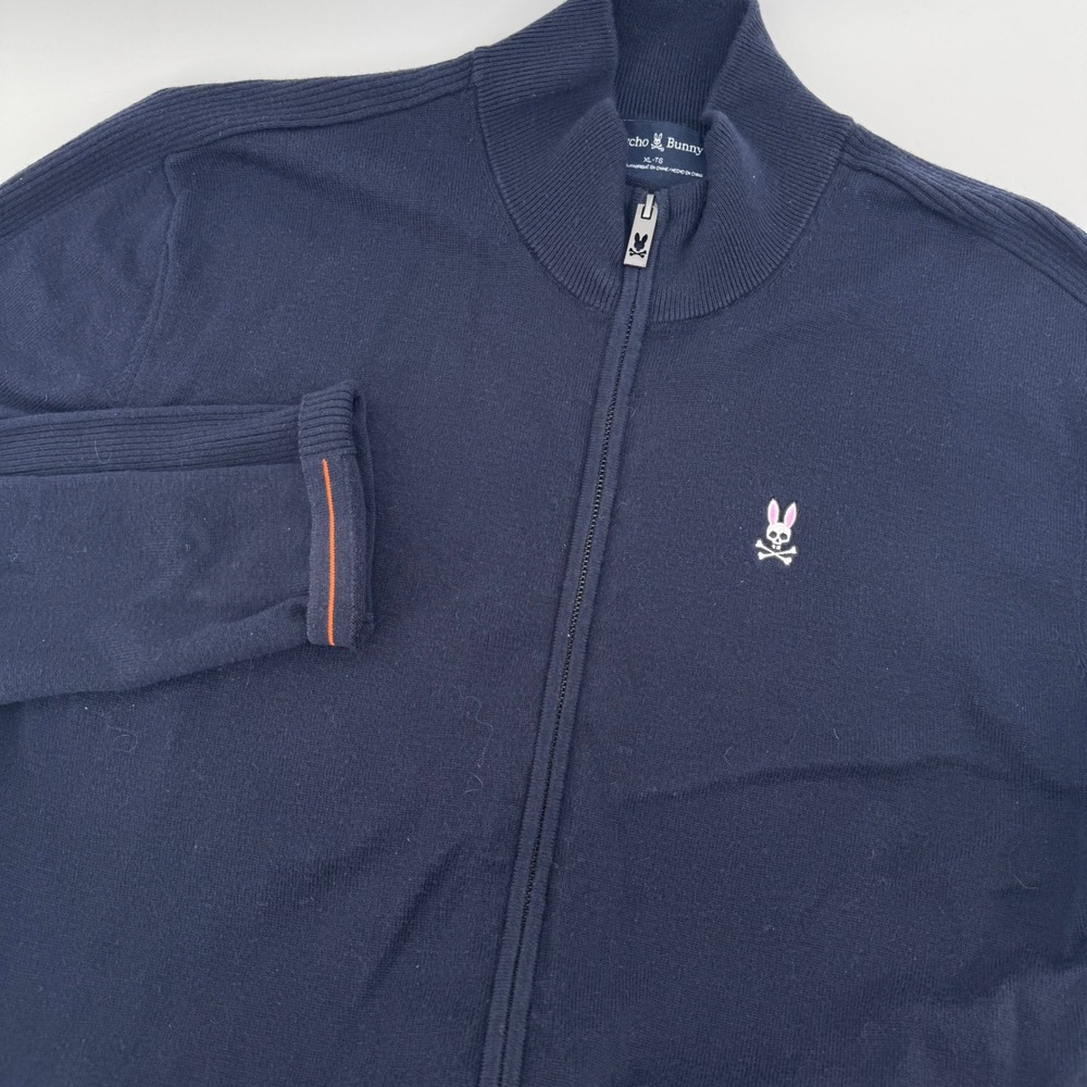Psycho Bunny Full Zip Cardigan Mens XL Navy Blue Cotton Merino Wool